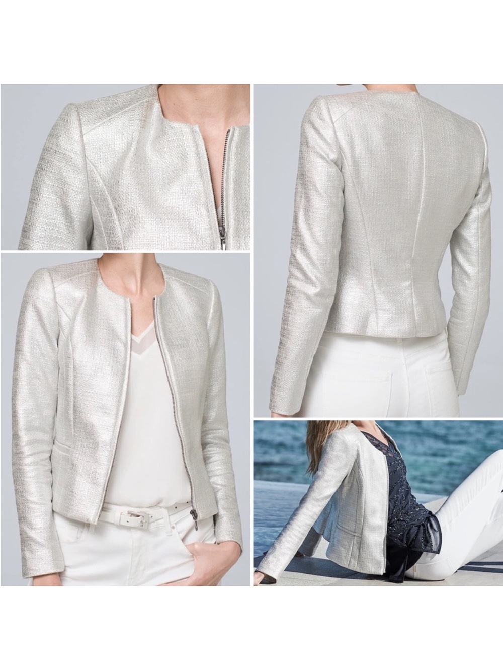 NEW WHBM Metallic Silver Tweed Blazer Jacket Size 10